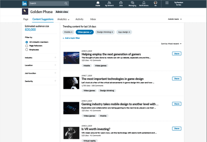 LinkedIn Pages e as sugestões de conteúdo LinkedIn Pages e as sugestões de conteúdo