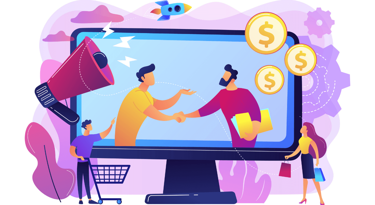 Pessoas negociando online, representação da integração entre e-commerce e redes sociais, tendências do marketing digital para 2021