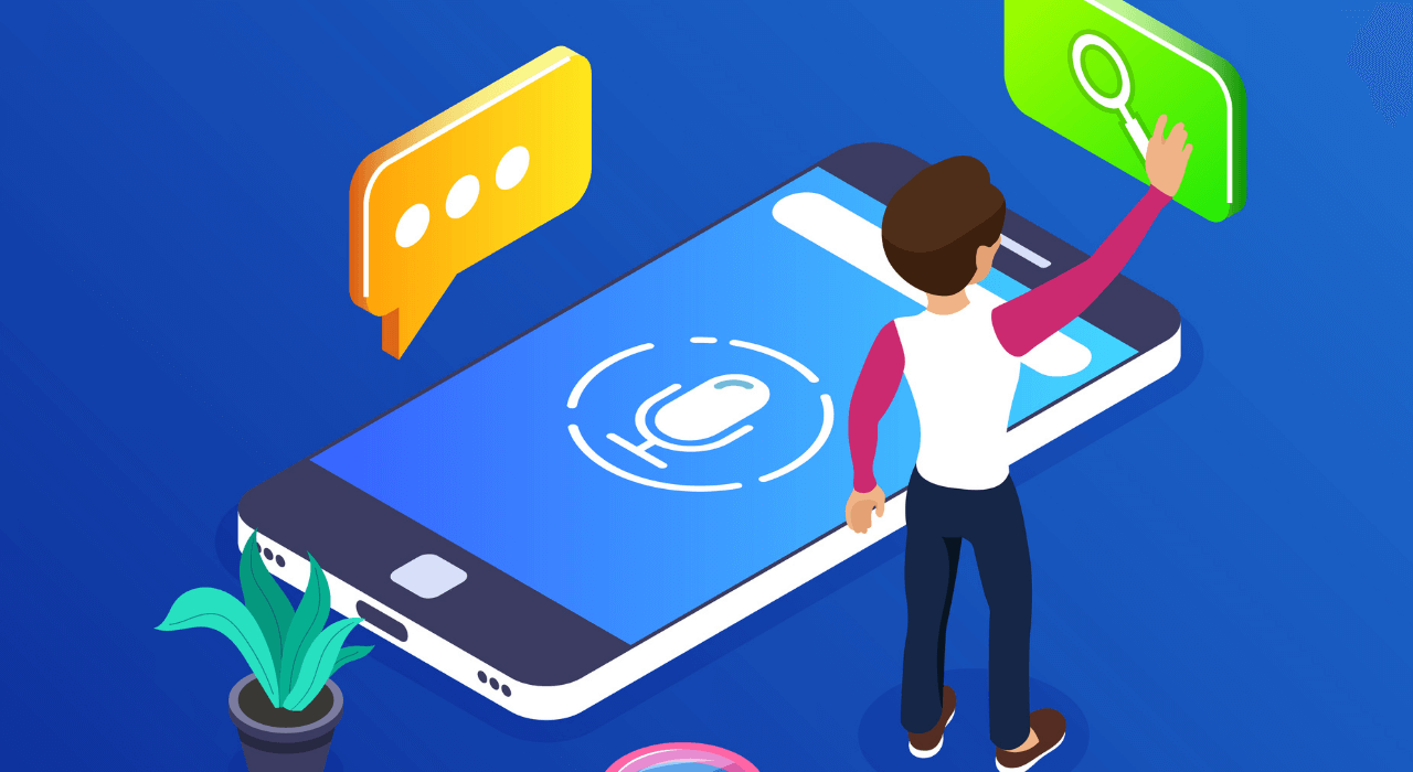 Imagem mostra um celular e a opção de pesquisa por voz