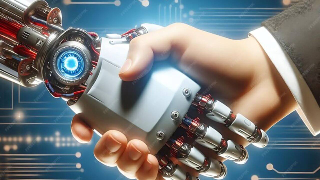 marketing digital e inteligência artificial - aperto de mão entre um humano e um robô