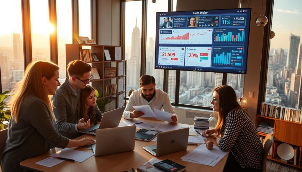 A dynamic e-commerce scene set in a modern digital agency office. In the foreground, a creative team collaborates on a laptop, mapping out a content strategy for an upcoming Black Friday campaign. Overhead, a large screen displays social media analytics and campaign performance data, guiding their decisions. In the middle ground, shelves are lined with marketing materials, books, and awards, reflecting the agency's expertise. The background features floor-to-ceiling windows overlooking a bustling city skyline, bathed in warm, late afternoon sunlight. The atmosphere is one of focus, innovation, and a sense of anticipation for the big event.