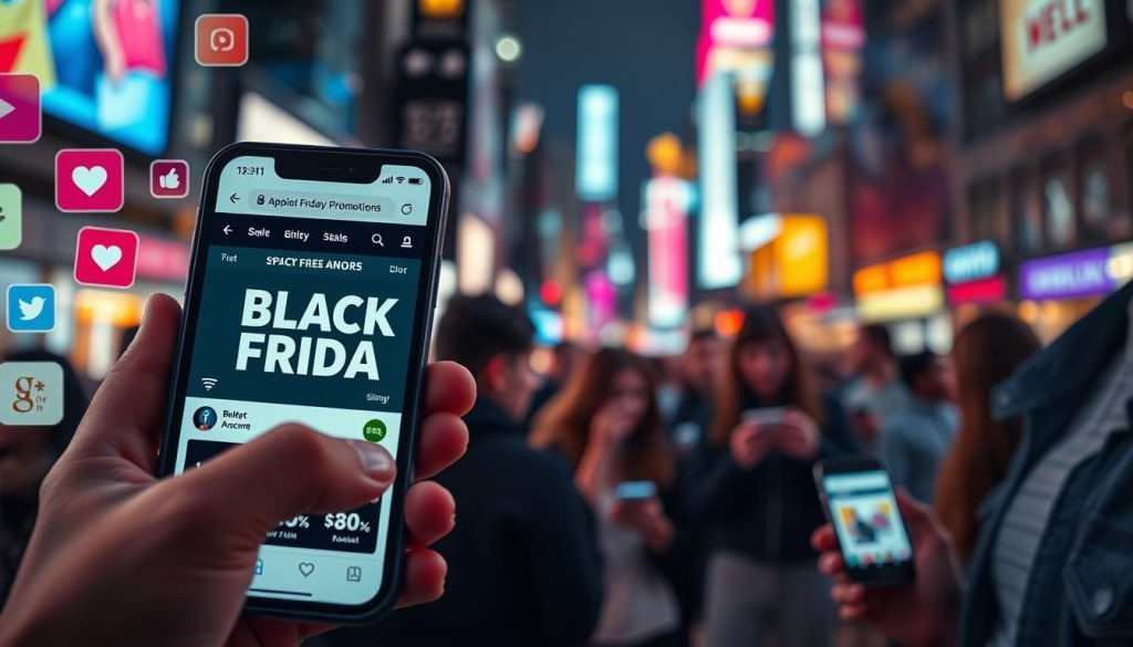 A dynamic social media scene with overlapping platforms showcasing Black Friday promotions. In the foreground, a smartphone displays product ads and deals, surrounded by social media app icons and logos. The middle ground features a diverse group of people interacting on various devices, their faces illuminated by the screen glow. In the background, a blurred cityscape with vibrant neon lights sets the mood for the upcoming shopping event. Crisp, high-definition rendering with a cinematic lighting setup emphasizes the immersive and connected nature of social media during the Black Friday sales period.